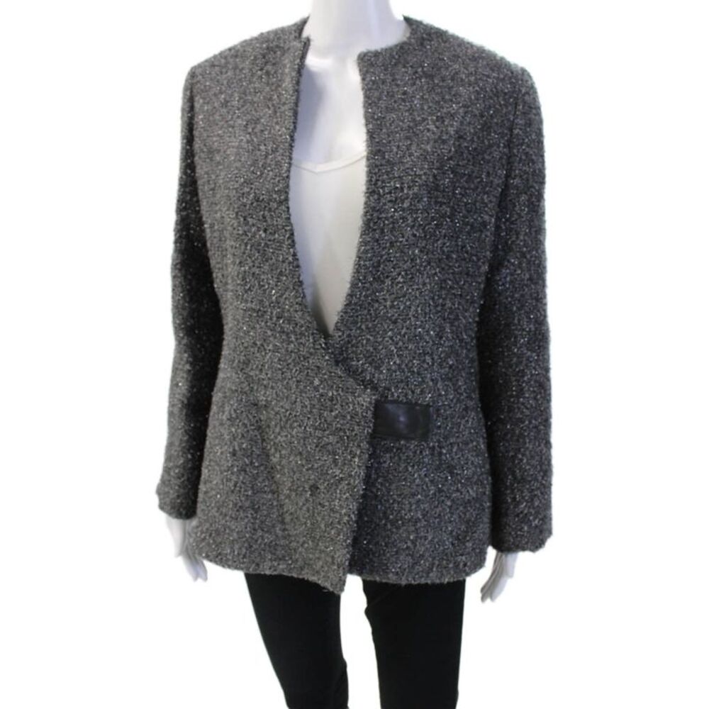 Douglas Hannant Womens Single Button V Neck Metallic Knit Jacket Gray Size 10